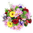 Captured from directly above, this mixed bouquet appears as a full, rounded burst of colour resting on a crisp white backdrop, every bloom clearly defined and harmoniously arranged. At its core, velvety red roses unfurl in tight spirals, their deep tones grounding the design with a sense of romance and sincerity. Around them, yellow gerbera daisies shine brightly, their sunburst petals and dark central discs acting like points of joyful light within the composition. Between these bolder flowers, soft pink and lilac chrysanthemums spread out in layers of delicate, spiky petals, their pale yellow-green centres adding a fresh, gentle brightness. Interlaced throughout are elegant lisianthus flowers in shades of deep purple, lavender, and dusky blue-violet, their ruffled, bell-shaped blooms introducing an artistic, slightly whimsical note. Lush greenery, from broader leaves to smaller, rounded eucalyptus-like sprigs, encircles and supports the flowers, giving the bouquet depth, texture, and a natural garden feel. Scattered clusters of glossy red hypericum berries dot the design, offering bright, jewel-like accents that make the arrangement feel celebratory and slightly festive. The overall effect is one of carefully balanced abundance, like a garden moment captured in time. It is easy to imagine this bouquet being prepared by a skilled florist in Gerrards Cross, ready to be delivered to homes near Packhorse Road or Beaconsfield Road as a radiant birthday surprise, a heartfelt get-well wish, or a comforting gesture in more reflective moments, bringing a sense of colour, fragrance, and emotional warmth into any local home.