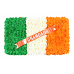 A rectangular Irish flag funeral tribute fills the frame, photographed from above against a plain white background so every detail of the design can be clearly appreciated. The tribute's surface is entirely covered in tightly packed flowers, giving it a soft, cushion-like depth. On the left, a solid panel of rich green blossoms forms the first vertical band, their small, rounded heads pressed closely together to create a smooth yet slightly textured expanse of colour. The centre third is composed of pristine white flowers, their layered petals overlapping like delicate lace, suggesting purity and peace amid grief. The right third glows with vivid orange blooms, bright and cheerful, evoking warmth and the lively spirit often associated with Irish gatherings, even at sadder moments. Flowing diagonally from the bottom left corner towards the top right is a glossy ribbon in a coral-red shade, its satin surface reflecting the light with a gentle shine. Across this ribbon, the word GRANDAD is clearly spelled out in bold silver capital letters, the metallic finish adding a dignified touch that stands out against the warm red. Tiny white pins or button-like fixings hold the ribbon neatly in place where it crosses the white section. The overall effect is both striking and tender, a fitting floral tribute for a Gerrards Cross family wishing to honour a beloved grandfather's Irish roots at a funeral service or graveside farewell, uniting national symbolism with heartfelt, personal remembrance.