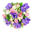 Captured from directly above on a bright white background, this bouquet appears as a lush, circular tapestry of orchids, roses, berries, and foliage, meticulously arranged as though for a special occasion in Gerrards Cross. The eye is first drawn to the dramatic Vanda orchids, their large petals saturated in deep, royal purple with intricate, darker veining that gives each bloom a striking, almost artful pattern. They sit among a wealth of roses in soft blush and pastel pink, some still tightly furled and others fully opened, their layered petals forming gentle spirals that suggest tenderness and romance. A scattering of lighter cream roses punctuates the pink tones, bringing a subtle glow and enhancing the bouquet's sense of balance. Between the larger blooms, clusters of tiny white flowers add a light, cloud-like touch, preventing the dense arrangement from feeling heavy. Rounded clusters of creamy white Hypericum berries are tucked among the petals, like tiny pearls placed by hand to introduce a smooth, sculptural element. Deep green, glossy leaves frame the flowers, while feathery, silvery-green foliage threads throughout, evoking the cool, soft tones of an early morning around Gerrards Cross Common. The bouquet forms a perfect dome, full and abundant, suggesting skilled craftsmanship and an intention to create something truly generous and heartfelt. It feels ideal for marking life's cherished moments-an anniversary dinner in a local restaurant, a birthday surprise delivered to a friend near East Common, or a romantic gesture sent simply just because. The harmonious blend of rich purple, gentle pink, creamy white, and varied greenery creates a mood of joy, sophistication, and quiet celebration.