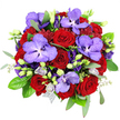 Captured from directly above on a crisp white backdrop, this lavish bouquet appears as a circular tapestry of red and purple, the kind of luxurious hand-tied arrangement you might order for same-day delivery across Gerrards Cross to mark a milestone anniversary or heartfelt declaration. At its core, deep red roses cluster closely together, their petals thick and velvety, spiralling inward in perfect symmetry to create a sense of depth and intimate warmth. Interlaced with these classic symbols of love are exotic Vanda orchids, their generous, flat petals glowing in tones of lavender and rich purple, each one intricately peppered with darker violet spots that read like delicate artwork on silk. Surrounding these focal blooms, purple lisianthus in various stages of openness introduce a more relaxed movement, with ruffled blossoms and smooth buds contributing both volume and quiet anticipation. Here and there, smaller light-purple florets and pale lavender buds soften the palette, adding gentle highlights that prevent the composition from feeling too heavy. Around the edge, a lush border of greenery frames the flowers: deep green, glossy rose leaves, feathery filler foliage, and elongated eucalyptus sprigs in cool silvery-green, whose matte texture contrasts with the petal sheen and hints at a fresh, herbal scent. Just visible near the lower section is a veil of silvery-grey decorative mesh, suggesting that this is a professionally wrapped bouquet, prepared for gifting and easy to imagine being carried along Station Road. Under bright, even lighting, every curve and colour is carefully defined, resulting in an arrangement that feels like a living jewel-romantic, sophisticated, and clearly arranged by an expert florist who understands how to balance drama with tenderness.