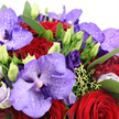 This image shows a lush, close-up view of an opulent purple and red bouquet, brimming with texture and romance. Wide-faced Vanda orchids in varying shades of lavender and deep violet dominate the arrangement, each petal detailed with tiny, inky purple speckles that add sophistication and an almost mystical charm. Tucked tightly among them are deep crimson roses, their velvety petals spiralling into full, classic blooms that immediately suggest heartfelt love and devotion. Accenting these main flowers, royal purple lisianthus blossoms offer a softer, ruffled counterpoint, some fully open and cup-like, others still in slender buds touched with fresh, lime green tips that hint at new beginnings. The blossoms are nestled into a backdrop of lush emerald foliage, little glimpses of lighter chartreuse greens and subtle textural fillers peeking out between petals, giving the composition fullness and a natural, garden-inspired rhythm. No vase or surrounding setting is visible; the viewer is immersed entirely in petals, leaves, and colour. Gentle, indirect light washes across the bouquet, as if it were placed in a cosy Gerrards Cross sitting room near the Chiltern Line, drawing out the rich jewel tones and fine details. The resulting mood is indulgent yet refined, a floral design suited to romantic celebrations, anniversaries, or a dramatic gift delivered to someone special in and around Gerrards Cross, where the impact of the flowers speaks as eloquently as any written message.