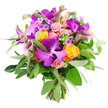 A luxurious bouquet of premium flowers is presented against a pure white background, its colours and shapes composed with the confidence of an experienced florist. The focal point is a cluster of large Vanda orchids in intense purple, each petal broad and gently curved, patterned with fine, lighter speckles that give them a distinctive, exotic character. Threaded among these statement blooms are lively orange roses, some still tightly furled, others loosening into elegant, spiralled cups, their rich tangerine hue providing a joyful glow. Pastel pink garden roses are scattered throughout the design, their ruffled petals and varied stages of opening-from small buds to fully open rosettes-offering softness and a sense of unfolding romance. Rising gracefully from the centre, slender calla lilies in muted lavender and plum tones arch upward, their sleek, trumpet-shaped blooms adding a sculptural, almost architectural line to the arrangement. The entire bouquet is cradled in layers of fresh greenery: elongated, silvery eucalyptus leaves soften the colour palette, while deeper green foliage adds density and frames the brighter blossoms. Small clusters of lavender-toned filler flowers and fine green sprigs peek out between the larger stems, contributing delicate texture and visual rhythm. At the lower edge of the image, the gathered stems are clearly visible, neatly bound to reveal the hand-tied craftsmanship typical of a bespoke florist in Gerrards Cross. The overall impression is one of modern elegance and vibrant celebration, the sort of bouquet you might send for a milestone birthday, engagement, or congratulations, delivered to a home near the Gerrards Cross Common or tucked into a stylish interior along Marsham Way.