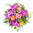 Seen from directly above, this lush, rounded bouquet appears as a radiant burst of colour set against a crisp white background, like a celebration unfolding on a dining table in a Gerrards Cross home. Dominating the scene are several exotic Vanda orchids, their vivid fuchsia and deep magenta petals patterned with a fine, tessellated design that gives them a distinctive, almost mosaic appearance. Nestled closely around these orchids, compact roses in soft pastel pink, lively orange, and golden yellow unfurl in neat spirals, each bloom forming a tiny rosette that adds warmth and joy to the arrangement. Deep plum and aubergine calla lilies rise elegantly from the dense cluster, their sleek trumpet-shaped flowers adding height, drama, and a touch of contemporary sophistication. Threaded between the larger blooms, dainty clusters of lavender and pale purple filler flowers-similar to phlox-soften the transitions, introducing a mist-like texture and a suggestion of gentle fragrance. Beneath and between all the flowers, lush greenery provides a generous backdrop, with broad emerald leaves intertwined with rounded, silvery-green eucalyptus and slender sprigs that lend a cool, calming note to the palette. The composition is tight and full, with no visible container, giving the impression of a perfectly shaped floral dome. Under clear, even light, every colour appears rich yet harmonious, from the bright citrus tones of the roses to the mysterious depth of the calla lilies. Crafted with care, this bouquet feels ideal for marking a special occasion in Gerrards Cross-a milestone birthday, a heartfelt thank you, or an elegant centerpiece for a family celebration.