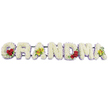 In this image, the word GRANDMA is created entirely from fresh flowers, each capital letter standing proudly in a row against a crisp, featureless white background. Every letter is filled edge to edge with small, snowy white chrysanthemum heads, the blooms arranged so tightly that they form a smooth, cushiony surface, inviting the eye to trace the curves and angles of the name. Along the lower edge of each letter, a soft outline of pale lavender blossoms, likely statice or similar filler flowers, introduces a faint wash of lilac that gently frames the white and prevents the shapes from blending into the backdrop. Carefully composed accents of colour punctuate the design. On the lower left side of the 'G', three sumptuous deep red roses sit within a cluster of dark green leaves, creating an immediate focal point of warmth and love. The first 'A' is adorned with two chartreuse cymbidium orchids laid across its midsection, their yellow-green petals and tiny reddish-brown markings giving the tribute a refined, contemporary twist. The 'R', 'N', and 'D' remain purely white and lavender-edged, their untouched surfaces evoking calm, purity, and peace. On the lower right dip of the 'M', another trio of red roses repeats the romantic note seen at the start, while the final 'A' carries two more orchids, echoing the first 'A' and bringing a sense of balance to the composition. A slender dark green metal bar runs discreetly along the top, linking the letters and ensuring they stand as one complete tribute, ready to be placed beside a coffin or at a graveside in Gerrards Cross. The whole piece feels personal and reverent, like a spoken farewell translated into flowers for a beloved grandmother.