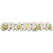 A handcrafted floral letter arrangement spells GRANDPA in impressive, freestanding capitals, each letter richly padded with white spray chrysanthemums that sit close together like soft clusters of snow. The blooms appear freshly opened, their small centres hinting at a creamy tone that brings warmth to the crisp white petals, much like flowers just delivered from a nearby Gerrards Cross florist. Tracing the outer edges of each letter is a neat collar of pale lilac flowers, which gently outline the shapes and provide a subtle contrast, ensuring the word is readable from across a chapel or crematorium hall. Interlaced among the letters are elegant accent sprays: on the G and D, several peach roses in varying stages of bloom are nestled amongst glossy green foliage and a few slender white lily buds, adding both texture and height. The first and last A are each graced with a single peach rose and foliage, echoing the same warm tone and giving the tribute a carefully balanced rhythm of colour along its length. All seven letters are secured to a slim, dark bar running behind or beneath them, suggesting a robust metal framework ready to be placed on stands beside the coffin or near the lectern during a service. The arrangement is photographed against a stark white background, free from distraction, highlighting the intricate detailing of each petal, leaf, and bud. Overall, the tribute conveys a sense of tenderness and gratitude, capturing the emotion of saying goodbye to a much-loved grandfather with flowers chosen to speak when words feel too small.