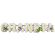 A serene floral tribute forms the word GRANDPA in large, structured capital letters, presented in a straight horizontal line that would sit naturally along the front of a hearse or on a stand at a Gerrards Cross funeral service. Each letter is entirely composed of densely packed white chrysanthemums or carnations, the small rounded blooms pressed closely together until they resemble a continuous, cushion-like surface. The uniform white colour radiates a feeling of purity, humility, and respectful farewell, while the texture invites the imagination to sense the softness of each petal. Within this gentle expanse of white, the florist has introduced restrained touches of colour: pockets of purple and lavender blossoms appear at the base of the G, inside both As, and within the rounded shapes of the D and P, their deeper tones quietly drawing the eye without overwhelming the calm design. Tiny sprays of fresh green foliage weave among these coloured flowers, adding contrast and reminding viewers of the natural cycle of life. The letters rest on a slim, dark green bar or hidden frame that joins them subtly from beneath, providing essential support yet remaining almost invisible, so the focus stays on the tribute itself. This arrangement feels like it has been created with great care by a local Gerrards Cross florist, intended for a family saying goodbye to a much-loved grandfather after a service at a nearby church or crematorium. The overall mood is one of gentle remembrance and gratitude, as the simple white and purple palette offers a quiet, dignified expression of love and loss.