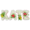 A bespoke floral name tribute spelling KATE is displayed on a bright white background, allowing the intricate workmanship of the arrangement to stand out clearly. Each capital letter is carefully shaped with tightly massed white chrysanthemums, their small, rounded blooms overlapping to create a soft, cushion-like effect that suggests peace and quiet remembrance. Along the outer edge of each letter, a pale pink satin ribbon is neatly pinned and gently ruffled, outlining the name with a blush of colour that adds tenderness and a subtle hint of femininity. Within this sea of white petals, vivid accent flowers bring character and meaning: yellow-green cymbidium orchids with speckled reddish-brown centres are placed thoughtfully on the K and T, their sleek, tropical petals adding sophistication, while glossy, heart-shaped red anthuriums highlight the A and E, symbolising love and devotion. Lush dark green foliage, from broad tropical leaves to feathery fern fronds, curls around these feature blooms, giving depth and contrast. Slender green tendrils weave across the letters, visually connecting them and echoing the ongoing bond with Kate. The tribute feels calm yet expressive, a fitting centrepiece beside the coffin or at the front of a chapel in Gerrards Cross, whether at a church service near the common or a crematorium service nearby. Created with the care and precision of experienced local florists, this floral name arrangement offers a dignified and very personal way to say farewell, while celebrating cherished memories.