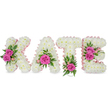 A tender, three-dimensional floral tribute spells the name KATE in bold block letters, each letter sculpted from hundreds of small, pristine white chrysanthemums that create a cloud-like, velvety surface. The composition sits against a clean white backdrop so the whites seem to glow softly, while a pale pink satin ribbon traces the inner edges of every letter, lending a gentle, feminine contour. Bright hot pink roses are set as focal clusters - a duo on the K, a single prominent bloom nestled in the lower curve of the A, one at the base of the T, and a pair on the right arm of the E - their silken petals offering vivid contrast and a faint, comforting rose scent. Throughout the design, fresh green foliage - from fern-like fronds to glossy ruscus and variegated leaves - peeks between blooms and frames each rose, adding depth, movement, and a garden-fresh brightness. The letters appear freestanding with subtle shadows beneath, suggesting a carefully elevated funeral or memorial display rather than a flat panel. In soft morning light the white chrysanthemums read as tender and reverent, the pink ribbon and roses bringing warmth and personality to a tribute intended for remembrance or a celebration of life. As a local florist's piece, this arrangement conveys craftsmanship and gentle respect: the dense, tightly packed blooms, the balanced placement of roses, and the refined ribbon edging all signal the kind of bespoke sympathy tribute families ask for when planning a service at a nearby chapel or memorial in Gerrards Cross and surrounding villages.