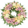 A round funeral wreath, captured straight on against a spotless white background, presents a carefully balanced blend of soft pastel roses and rich green foliage that radiates calm remembrance. The arrangement is lavishly full, leaving no bare mechanics visible; instead, layers of petals and fern fronds create a deep, cushion-like surface circling the open centre. Large roses in creamy white and gentle ivory provide a serene foundation, their broad, open faces revealing spirals of delicate petals that curl slightly at the edges. Around these, subtle tones of blush pink, pale peach, and mellow, buttery yellow introduce warmth, like a comforting embrace. Dusty lavender and muted mauve roses thread through the design, bringing a slightly more contemplative mood, as if echoing the quiet streets and peaceful green spaces around Gerrards Cross. Clusters of smaller pink spray roses, along with a scatter of pale buds, add fine detail and texture, suggesting moments of new life within a tribute to one that has passed. Dark green fern fronds and similar leafy greens emerge between the blooms, framing the roses and defining the circular silhouette with gentle, feathery lines. The wreath's perfect roundness and open centre clearly evoke the themes of eternity and enduring love that are so central to sympathy flowers. Looking at the image, you can imagine this wreath resting on a stand beside the coffin or laid carefully at a graveside in Gerrards Cross, its soft colours and natural textures offering a quiet, dignified expression of respect, comfort, and heartfelt farewell.