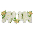 A serene funeral flower arrangement spelling out the word MUM stretches horizontally across a clean white background, allowing the form and textures of the blooms to take centre stage. Each of the three capital letters is sculpted from masses of white spray chrysanthemums, their numerous tiny petals creating a uniform, velvety surface that appears soft to the touch. The flowers are arranged so closely that the letters look almost cushioned, the white carefully maintained and unblemished, conveying a sense of peace and dignity. Beneath this cloud of petals lies a subtle dark green framework and ribbon edging, just visible along the contours, providing structure and a fine outline that helps each letter stand clearly apart. At three key points along the tribute, the calm white is gently warmed by clusters of soft peach and blush-pink roses. One rests on the upper left side of the first M, another nestles near the base of the U, and a final cluster graces the upper right of the last M, forming a quiet rhythm of colour from left to right. Within each cluster, roses at different stages of opening are surrounded by feathery ferns and glossy green leaves, adding depth, natural movement, and a hint of fragrance. The overall effect is of a lovingly considered memorial piece, the kind chosen for services in and around Gerrards Cross to honour a much-loved mother. It feels both delicate and strong, like the memory of a guiding presence, crafted by a florist who understands how flowers can speak when words are difficult.