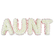This image captures a lovingly arranged funeral tribute spelling the word AUNT in confident, three-dimensional capital letters, each one fully covered with lush white chrysanthemum blooms. The flowers are densely clustered so that their fine petals blend into a soft, billowing surface, almost like freshly fallen snow shaped into letters. Subtle touches of yellow at the centres give the design a gentle, natural warmth without disturbing the predominantly white palette. Encircling the outer edge of every letter is a soft pastel pink satin ribbon, carefully ruffled to create a delicate, frilled border. This pale pink trim adds a tender, feminine note, suggesting sweetness, care, and fond memories of an aunt's gentle presence. The letters stand side by side in a straight line against a pure white background, evenly spaced, much as they might be positioned on a stand at a funeral or memorial gathering in Gerrards Cross, perhaps in a peaceful chapel or at a service near the leafy paths of Gerrards Cross Common. The lighting is bright yet soft, illuminating the chrysanthemums so each tiny petal and fold of ribbon is visible, revealing how meticulously the tribute has been constructed. With no additional colours or foliage to distract, the arrangement feels serene, dignified, and focused on remembrance. It is the kind of custom funeral flower design a local Gerrards Cross florist would prepare for same-day delivery to support a grieving family, offering a quiet, beautiful way to express love, respect, and farewell to a much-missed aunt.
