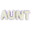 A dignified floral tribute, the word AUNT formed in large, sculpted capital letters made entirely from tightly clustered white spray chrysanthemums. The small, cloud-like blooms create a soft, tactile surface; many reveal pale yellow centres that warm the overall white palette like gentle flickers of memory. Each letter is edged with a deep purple satin ribbon, ruffled and pleated around the sturdy frame so the ribbon's sheen catches the light and traces every curve and angle. Subtle grey shadows beneath each letter give a clear sense of three-dimensionality, as if the composition rests gently above the white backdrop. The arrangement carries a quiet scent - a fresh, green chrysanthemum note with a hint of morning dew - and reads as both an elegy and an embrace. Crafted with precise placement and loving intent, the piece balances formality with tenderness: the pristine chrysanthemums speak of purity and remembrance, while the purple trim adds a respectful, comforting depth. Imagined for a funeral or memorial setting, the tribute feels suited to a chapel along Station Road in Gerrards Cross or a service at a nearby church; it would stand calmly beside a casket or at a reception table where family gather. As a florist would note, the texture, colour contrast, and careful framing of each letter are designed to convey personal loss with clarity and care, offering relatives a bespoke visual farewell anchored in thoughtful craftsmanship and understated beauty.
