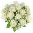 This image shows a lovingly arranged dome of roughly two dozen pristine white roses, each bloom selected for its perfect spiral center and velvety, creamy inner petals that open outward to crisp, bright white outer petals. Nestled throughout the cluster are clouds of delicate gypsophila (baby's breath), their tiny star-like blossoms floating like soft confetti between the larger roses and lending an airy, lace-like texture to the composition. Deep, glossy green leaves peek from beneath the blooms, providing subtle structure and a natural frame that heightens the clarity of the white tones. The arrangement is compact and generously filled, forming a rounded, dome silhouette that reads as both richly substantial and quietly refined. Photographed against a brilliant white background, the bouquet's purity of colour and surface sheen are emphasised by soft, even lighting that suggests early morning or gentle studio illumination. There is a faint, sweet fragrance implied by the image-a clean, summer-like scent that complements the visual calm. As a florist working around the Gerrards Cross village green and the High Street, I designed this composition to convey serenity and reverence; it suits wedding bouquets, christening displays, anniversary gestures, or a tasteful sympathy tribute. The pairing of creamy white roses and frothy gypsophila makes this arrangement timeless and versatile, a visual whisper of new beginnings, quiet celebration, or heartfelt remembrance for anyone receiving it in or near Gerrards Cross.