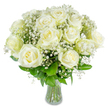 A serene cluster of flawless white roses arranged by hand, each bloom opening in smooth, layered spirals that catch soft light and give the petals an almost luminous, silk-like sheen. The roses sit above a cloud of tiny gypsophila, their pale stars dotting the composition like fresh snow or distant starlight, adding delicate texture and an airy lift to the bouquet. Glossy, forest-green foliage frames the underside of the heads, the leaves offering a cool contrast and a grounding freshness that balances the composition. All stems are visible through a clear glass vase, the waterline and green stalks gleaming faintly where light travels down the vertical rhythm of the arrangement. The scent is gentle and classic-hints of clean linen and morning air threaded with the soft, unmistakable perfume of roses-inviting calm and quiet reflection. I imagine offering this to mark a wedding vow, an anniversary of steadfast devotion, or as a comforting presence in a new home; the mood is composed, dignified and quietly uplifting. As a florist who often delivers around Gerrards Cross, I place this bouquet in bright windows or on reception tables where its cool whites and tender texture can soften a room without overwhelming it. The craftsmanship is simple and refined: no frills, only careful choice and placement so the natural beauty of each bloom remains the focal point. Ultimately this arrangement reads as timeless and understated-a gentle expression of care and consolation, perfect for moments when honesty and calm matter most.