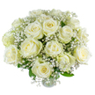 The bouquet reads like a gentle hush of early morning: a cluster of creamy white roses, each bloom generous and fully unfurled, their petals forming soft, spiralling cups edged in a whisper of ivory. Interspersed among them are cloud-like clusters of baby's breath (gypsophila) that float between the roses, lending an airy, lacey texture that contrasts with the velvety weight of each rose head. Fresh green foliage peeks through, grounding the composition with a cool, botanically crisp hint that lifts the pale palette. Light - as if from a quiet window over Gerrards Cross High Street at dawn - skims the petals and brings out a soft, almost pearly sheen, while the faint, powdery scent of the roses and the whisper of floral sweetness from the gypsophila suggest a calming, restorative presence. The arrangement is carefully balanced: stems trimmed to differing heights so each rose breathes and every spray of baby's breath creates movement, as though a gentle breeze is shaping the form. This bouquet is beautifully suited to moments that ask for serenity or gentle celebration - weddings held in the village church, a thoughtful sympathy gift left near the Common, or a quiet anniversary marked with understated elegance. As a local florist describing it, I notice how the creamy tones and delicate textures create a sense of peaceful continuity; the design honours both the tactile pleasure of velvet petals and the visual poetry of tiny, floating blossoms, producing an arrangement that comforts, uplifts, and endures in memory.