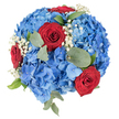 Viewed from directly above against a clean white backdrop, this compact, circular bouquet reads as a proud study in texture and tone: a dense cushion of blue hydrangeas forms the base, each floret catching light with variations from pale sky blue to a deeper sapphire, their clustered petals creating a soft, cloud-like volume. Nestled into that blue foundation are three vivid, fully opened red roses whose velvety, tightly spiralled petals draw the eye to warm focal points; the roses' crimson centers give a sense of quiet passion while their outer petals carry a subtle coolness under the studio light. Scattered like tiny bright stars throughout the composition are sprays of baby's breath (Gypsophila), their fine white blooms offering delicate contrast and an airy visual punctuation that lifts the arrangement. Interspersed among the flowers are muted, round eucalyptus leaves and a few sharper green foliage sprigs, their silvery-green tones and matte texture providing a natural frame and a hint of aromatic freshness when the bouquet is close. The overall palette-red, white, and blue-feels both celebratory and respectful, suitable for summer village fêtes on Gerrards Cross High Street, a Remembrance Day tribute, or a patriotic community event near Station Road. The floristry here is intentionally tight and domed, crafted to sit well as a centerpiece or hand-tied gift that reads reliably in photographs and in person. As a local florist would note, the choice of materials and the balance of soft hydrangea mass against the sculpted roses reflects careful design and keeps the bouquet feeling full, fragrant, and ready for local delivery across Gerrards Cross.