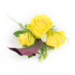 Three sunlit yellow roses form the joyful heart of this wearable arrangement, their buttery petals unfurling in layered spirals and each centre touched with a small clear crystal that catches the light like a private constellation. Nestled below and curving gently to the left is a single deep plum calla lily, its satin-smooth throat and sculptural line offering a delectable contrast to the roses' lively warmth. Around these focal blooms, wisps of feathery asparagus fern and broader, glossy dark green leaves create a lush, textured base that makes the colours sing; tiny creamy white button chrysanthemums sit like soft pearls among the foliage, and a couple of small green buds peek out at the bottom right, promising a brief, natural narrative of growth. Behind the leftmost rose a whisper of sheer white lace or feathered netting lifts the composition, adding an airy, romantic highlight. The overall effect feels celebratory and elegant-sunny and confident with a touch of evening glamour from the plum calla and sparkling jewels-perfect to pin for a wedding, prom or graduation. Imagine the scent of warm roses mingling with fresh green notes under soft daylight; the crystals wink with every movement. As a florist who often prepares pieces for summer parties and local weddings around Gerrards Cross High Street and the station, I find this corsage balances joyful colour with refined structure, delivering both visual impact and wearable comfort. It reads as both a personal keepsake and a bright, formal accent for moments that ask to be remembered.