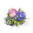 A petite, exquisitely composed corsage photographed against a clean white backdrop, its textures and colours described as if held in the hand. At the centre sits a single half-open rose whose petals graduate from a pale lavender-pink at the heart to a lively fuchsia along the outer edges, petals soft and velvety to the imagined touch and carrying the faint, sweet perfume of freshly cut bloom. To the right, a compact cluster of indigo-purple florets-reminiscent of hydrangea or small garden blooms-flares with bright blue and lime-yellow-green centres that catch the light like tiny jewels. The flowers are embraced by a mix of foliage: broad variegated ivy leaves with deep emerald centres and sunny, golden-yellow margins that lend a classic, structured silhouette; softer, silvery-green leaves that read like lavender foliage, offering a muted, calming texture; and a sculptural curled leaf striped green and cream that adds movement and an architectural twist. Fine, airy sprigs of lighter asparagus-fern-like greenery weave through the composition, giving the piece an open, living quality. Beneath it all a delicate, web-like dark purple mesh peeks out, adding modern depth and a hint of shimmer, while a short strand of lustrous white pearls at the lower right suggests a wristlet or elegant fastening. The overall mood is celebratory and intimate-perfect as a lapel or wrist corsage for weddings, proms or milestone moments-and feels right at home in Gerrards Cross's quiet elegance, a little flourish you might pick up on the High Street before a ceremony or local celebration.