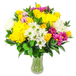 A lavish mixed bouquet overflows from a clear glass vase, its rounded shape and vivid colours glowing against a flawless white background, much like a shaft of sunlight cutting through a calm morning in Gerrards Cross. The arrangement is packed with bright yellow roses and large, cushiony yellow chrysanthemums, their petals tightly layered to form rich, textured focal points. Around them, soft white chrysanthemums and petite white blossoms with distinctive lime-green centres provide a cool contrast, creating a lively rhythm of light and shade. Striking magenta and fuchsia chrysanthemums introduce dramatic splashes of colour, while smaller, pale pink blooms nestle in between, adding a tender, almost romantic undertone. The bouquet is anchored by generous sprays of deep green foliage, its glossy, oval-shaped leaves curving gracefully around the blooms and slipping between stems to build fullness and structure. Through the gently curved glass of the vase, the clean green stems are clearly visible, standing in fresh water and emphasising the bouquet's just-arranged quality, like something prepared minutes before delivery to a home near Bulstrode Park. The overall impression is joyful, fresh, and uplifting, ideal for marking a birthday, celebrating good news, or simply bringing a splash of colour into an office or living room. This is the kind of mixed flower display a local florist might recommend for same-day delivery around Gerrards Cross when you want something that feels both exuberant and thoughtfully composed, blending classic charm with a bright, modern palette.