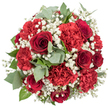 From a bird's-eye perspective, this bouquet appears as a perfectly gathered circle of passion-rich reds and gentle whites, set against a seamless white background that lets every bloom stand out. Deep red roses, their velvety petals coiling tightly into graceful spirals, sit proudly within the arrangement, conveying an unmistakable message of love and admiration that would feel right at home in a Gerrards Cross townhouse or garden-view flat. Around them, red carnations with densely ruffled petals spill outward, creating a sense of fullness and movement, their textured surfaces suggesting softness to the touch and a vibrant, celebratory character. Interlaced among the red flowers, sprays of white baby's breath introduce light and space, their fine, cloud-like clusters softening the bold colour and adding a romantic, almost ethereal note, like mist over the nearby Chiltern hills. Punctuating the bouquet, eucalyptus leaves in cool, silvery green tones emerge in rounded forms, adding a modern, refreshing counterpoint, while darker green foliage deepens the composition and frames the entire dome with natural grace. The lighting is bright and even, enhancing the richness of the reds so they seem almost luminous against the crisp white ground. Every element feels thoughtfully positioned, reflecting the practiced hand of a florist used to crafting meaningful gifts for anniversaries, proposals, and celebrations across Gerrards Cross. This bouquet communicates warmth, commitment, and a touch of luxury, the kind of arrangement that might be delivered to a home near West Common to mark a milestone moment or simply to remind someone that they are deeply cherished.