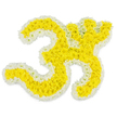 A large, beautifully balanced Om (Aum) symbol made entirely from fresh flowers fills the scene, suspended against a flawlessly white background that lets its colours and curves speak without distraction. The sweeping strokes of the Om are densely covered in sunny yellow blossoms-short-petalled chrysanthemums or marigolds-arranged so tightly that they form a thick, velvety carpet of petals, with no greenery or stems interrupting the golden flow. Encasing this vibrant field of yellow, a finely drawn border of white flowers traces every contour: the rounded base, the inner curve, the slender crescent, and the small circular element, all crisply highlighted so the sacred shape is unmistakable. The interplay between the joyous yellow and the serene white suggests both life's brightness and the quiet peace of release, a fitting balance for a funeral tribute chosen by families in and around Gerrards Cross. Under strong, even lighting, the colours appear clean and true, while the delicate shadows between individual blooms lend depth, as though the Om has been sculpted from living petals. One can imagine it resting on an easel in a calm chapel near West Common or by the front of a family home where loved ones gather for prayers and remembrance. The piece speaks silently of mantra and meditation, of breath and stillness, offering comfort to those who find meaning in Hindu traditions or in universal spiritual symbols. Every petal appears placed with intention, reflecting a florist's understanding that, at times of loss, flowers must carry both beauty and the weight of heartfelt farewell.