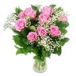 A beautifully balanced bouquet of pink roses and baby's breath is shown in clear detail against a spotless white background, making the colours and shapes stand out as if they were floating in soft daylight. Around ten to twelve roses in shades of fresh, medium pink form a rounded mound at the top of a clear glass vase, their petals curling outward in smooth, velvety layers. Some blooms are wide and open, displaying their intricate centres, while others are more tightly cupped, giving the arrangement a sense of movement and ongoing bloom, much like the unfolding days after a baby's arrival. Among these roses, feathery stems of white baby's breath thread in and out, their tiny star-like flowers creating an airy, cloud-like texture that suggests innocence and tenderness. A generous ring of dark green leaves surrounds the flowers, the foliage crisp and lush, giving depth and contrast so that the pink petals seem even more vibrant. The simple glass vase holds clear water and neatly arranged green stems, visible through the transparent sides in straight, vertical lines that convey order and expert handling. The lighting is even and bright, free from strong shadows, as though the bouquet were placed near a sunny window in a Gerrards Cross home overlooking East Common or one of the quiet residential streets nearby. The overall impression is one of gentle joy and welcoming warmth, the sort of arrangement a local florist might recommend for celebrating the birth of a baby girl, bringing soft colour and a sense of calm celebration into a nursery or family living space.