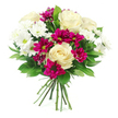 A lush, rounded bouquet of roses and chrysanthemums is shown against a clean white backdrop, allowing its blend of soft and vivid colours to take centre stage. At the heart of the bouquet, large creamy white roses unfurl in layered spirals, their petals velvety and gently curling outward, giving an impression of calm elegance and steady affection. Around them, delicate white spray chrysanthemums are gathered in clusters, their fine, radiating petals and pale green centres adding sparkle and lightness, almost like little bursts of daylight caught among the larger blooms. Interlaced throughout are sprays of deep magenta and fuchsia chrysanthemums, their saturated hues and densely petalled heads bringing pockets of rich, uplifting colour that make the eye dance around the arrangement. The flowers are cradled by dark green foliage, smooth and glossy, providing a natural, structured frame that shapes the bouquet into a classic dome. At the base, the stems are neatly brought together and tied, signalling a professional hand-tied design ready to slip into water in a Gerrards Cross home, perhaps gracing a coffee table by a bay window or a sideboard overlooking the greenery near Austenwood. The overall impression is of poised yet joyful beauty, equally suited to celebrating a special dinner, welcoming guests, or sending a thoughtful pick-me-up to someone local. It feels like a snapshot of the gentle charm of Gerrards Cross itself-leafy, bright, and quietly refined-captured in flowers and prepared to arrive fresh at the door with same-day delivery across the surrounding area.
