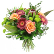 Set against a pure white background, this hand-tied bouquet looks as though it has just been lifted from a florist's bench in Gerrards Cross, brimming with colour, texture, and care. The composition is led by large, open roses in soft peach, apricot, and salmon shades, their petals layered thickly and unfolding in graceful curves that lend the bouquet an immediate sense of warmth and elegance. Between these roses, you can see Gerbera daisies in rich burgundy and dark magenta, their slender petals radiating out from paler, softly textured centres, adding depth and a contemporary edge. Slightly elevated within the design, a prominent King Protea serves as a bold focal point, its robust, artichoke-like form built from overlapping maroon and reddish-brown bracts that fade into delicate blush-pink tips, giving the bouquet a unique, almost sculptural presence you might associate with stylish interiors along Marsham Way. Scattered throughout are lime-green Santini chrysanthemums, their tiny, spherical, button-like heads forming cheerful pom-poms that brighten and energise the warmer tones. The flowers are embraced by an array of lush greenery: broad, glossy dark leaves anchor the base, tall, sword-like foliage creates gentle vertical movement, and wispy sprigs of eucalyptus, with small rounded leaves in a silvery-green hue, thread lightly through the arrangement, suggesting a cool, refreshing scent. At the bottom of the image, the stems are cleanly cut and tied together, clearly presented as a professional hand-tied gift. The bouquet radiates a feeling of joyful celebration and heartfelt sentiment, ideal for birthdays, anniversaries, or thoughtful thank-you deliveries around Gerrards Cross, from the station area to the quieter residential lanes.
