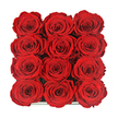 Seen from directly overhead, this image presents a flawless square of twelve red roses, arranged in a strict 3x4 grid that turns classic romance into a piece of living art. Each bloom is perfectly open, with densely layered petals that spiral from tightly curled centres into broad, velvety rims, creating an almost hypnotic pattern when viewed all together. The red is a deep, saturated crimson-rich and even across every flower-yet the interplay of light and shadow brings subtle variation, picking out fine edges and folds so the roses never look flat or artificial. They sit tightly nestled in what appears to be a chic, dark presentation box, only the thinnest glint of its reflective edge showing at the bottom of the frame, suggesting a premium, gift-ready design. There is no foliage or extra decoration, just the concentrated intensity of a dozen perfect blooms, like a jeweller's tray lined with scarlet gems. As someone who arranges flowers daily in Gerrards Cross, I recognise the careful selection required to achieve this uniformity, the way each rose must match in size, shape and tone to create such a cohesive effect. The image evokes the thought of preserved or long-lasting roses, ideal for a grand romantic gesture that can be admired for weeks in a quiet home off Oxford Road or in a chic apartment near Gerrards Cross station. It feels like the moment a loved one lifts the lid of the box and falls briefly silent, overwhelmed by the sheer richness of the colour. This arrangement is all about focused emotion: deep affection, enduring passion and the elegant simplicity of saying I love you through a single, unforgettable design.