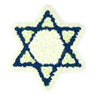 A striking Star of David sympathy tribute dominates the frame, its precise floral geometry set against a stark, white background that enhances every nuance of colour and texture. The six-pointed star is carefully sculpted from masses of fresh chrysanthemums and similar small blooms, with a thick outer edging of fluffy white flowers that gives the piece a soft, cushion-like silhouette. At the very centre lies a full white hexagon, its compacted petals forming a bright, serene island of light. Moving outward, the six triangular points are filled with densely grouped dark blue or indigo blossoms, their deep, almost velvety tones adding weight and solemnity, rather like the tranquil evening skies over Gerrards Cross after a day of remembrance. At the base of each blue point sits a smaller triangle of pure white flowers, set within the blue fields so that the alternating pattern of white and navy repeats in a gentle, symmetrical rhythm. The absence of greenery keeps the focus entirely on the floral textures and the sacred shape of the Magen David, a powerful Jewish symbol of identity and faith. Each flower head is closely nestled to the next, creating a plush surface that viewers might imagine as cool and slightly springy to the touch, with a faint, fresh fragrance. This design feels deeply respectful and contemplative, the kind of bespoke Star of David tribute a family in Gerrards Cross might choose for a Jewish funeral, memorial service, or shiva, to express love, honour, and an enduring spiritual connection.