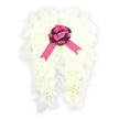 Set against a pure white background, an angel-wing funeral arrangement opens out like a soft, protective embrace, its entire silhouette built from clusters of pristine white flowers that look like small chrysanthemums or spray carnations. The blossoms are arranged so densely that they form a seamless, cushiony surface, evoking the comforting feel of a down-filled quilt, yet every petal remains distinct and fresh. Along the outer edges of each wing, a border of airy white feathers is layered into the design, their downy strands slightly uneven and natural, adding to the impression of real angel wings catching gentle light. The wings widen gracefully toward the top and narrow toward the base, their shape suggesting shelter, serenity, and the quiet presence of a guardian. Where the two wings meet, a circular island of dark purple flowers or foliage offers a dramatic contrast, the deeper tones giving the eye a place to rest. Centred upon this, a vivid fuchsia pink satin bow is tied in generous loops, its glossy ribbon tails trailing softly over the white blooms. Nestled in the heart of the bow is a single light pink rosebud, still unfurling, conveying tenderness and a love that remains forever young. This design speaks of innocence, remembrance, and the hope of peace beyond grief. For families in Gerrards Cross arranging a funeral or memorial at St James's or in nearby villages, such an angel-wing tribute feels especially meaningful, a gentle, visually striking way to honour someone cherished and to send them off with softness, colour, and heartfelt grace.