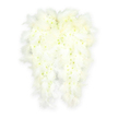 A serene pair of angel wings in pure white fills the frame, each wing composed of countless small flowers framed by a soft halo of feathers. The overall silhouette is instantly recognisable: two wings gently arching inward, their tips slightly tapered, as if poised to wrap around someone in a comforting embrace. Along every edge, fluffy, snow-white feathers spill outward, adding movement and an airy softness that contrasts with the smooth, rounded faces of the blooms. Inside the feathered border, tiny white chrysanthemums and similar blossoms are packed tightly together, forming a velvety, cloudlike surface where individual petals blend into a gentle, continuous texture. Hints of very pale green and cream peek from the centres of some flowers, like a whisper of new life at the heart of a tribute devoted to remembrance. The lighting is soft and even, with no harsh shadows, only a light shading beneath the wings that reveals their dimensional, carefully layered structure. There is no visible stand or frame; the wings appear to hover against a pristine white background, giving a sense of stillness and spiritual quiet. This angel wing tribute, the kind we create for families around Gerrards Cross and nearby places such as Chalfont St Peter, is often chosen for funerals, memorials, or celebration-of-life services. It speaks of peace, innocence, and the idea of a loved one watched over by something higher, its cool petals and feathery edges offering visual comfort in moments of grief and farewell.