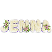 A tender, three-dimensional floral tribute spells the name JENNA in bold, uppercase letters set against a clean white background, each letter built from a dense cloud of small, creamy white chrysanthemums or similar delicate florets. The blooms are packed so closely they form a soft, pillowy texture that reads as pure and reverent; the surface appears almost tactile, with tiny petals catching a soft morning light. Each letter's inner edge is traced with a slender band of deep purple trim or ribbon, a refined outline that gives definition and a quiet dignity to the otherwise pristine white composition. On three letters-nestled into the curve of the J, tucked into the lower bar of the second N, and placed on the upper right of the final A-are petite accent clusters of blush-pink and lavender spray roses, with a few paler cream or soft yellow roses and feathery dark-green fern fronds. These small posies bring subtle warmth, a gentle perfume, and a natural contrast to the cool white chrysanthemums, like a whispered memory among calm stones. Thin, dark connecting bars run horizontally behind the letters, the discreet framework that binds the piece into a stable, cohesive whole suitable for standing at a chapel or service. The arrangement reads as a bespoke funerary or sympathy tribute-carefully considered, handcrafted, and meant to comfort those gathered; it could be placed at a memorial in Gerrards Cross or carried to nearby chapels around Beaconsfield and Chalfont St Peter. The overall impression is one of respectful beauty, an elegantly personal farewell made to honour a life with sensitivity and skilled floristry.