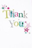 I hold this thank you card as if it were a small sunlit parcel: the white card stock is immaculate and slightly satiny, giving a cool, airy backdrop to a parade of letters that feel playful and handcrafted. Each character of 'Thank You' is rendered in a different vibrant shade-lime green, fuchsia, a soothing cool blue, sunny yellow and cheery teal-some letters gleaming with a whisper of silver glitter, others patterned with soft polka dots or tiny stitched flourishes that read like miniature embroidery. Around the message, clusters of little stars drift as if caught in a warm breeze: blush pinks, deep turquoise, and metallic silver sparkle like confetti, adding a spontaneous, celebratory shimmer. There's a tactile quality to the print-slight embossing at the edges of certain letters, the raised grain where the glitter catches the light-so you can almost feel the texture under your fingertips. In soft morning light the colours hold a gentle, optimistic glow; in evening lamplight they read as intimate and sincere. As a local florist I picture this card nestling against a cheerful bouquet for a thank-you delivered across Gerrards Cross, perhaps collected on the High Street after a walk through the common. The mood is lighthearted but unmistakably genuine: an object designed to lift spirits and make thanks feel warm and immediate. It's the kind of card I would tuck into a bunch of freshly cut blooms-no matter the season-because its bright, tactile personality echoes the heartfelt gratitude behind every floral gift.