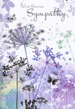 This sympathy card reads like a soft-spoken message from nature, the visual equivalent of a quiet walk through the calm corners of Gerrards Cross after saying goodbye to someone dear. Airy silhouettes of wild, umbelliferous flowers rise from the base of the card, their slender stems reaching and curving delicately, as though stretching towards a pale, comforting sky. The blossoms themselves are intricate yet understated, tiny star-like florets gathered into lacework clusters, painted in shades of lavender, indigo, and misty blue that gently melt into one another. Behind them, faint impressions of foliage and feathery grasses drift in soft focus, suggesting a meadow seen at dusk near places like East Common, where colours blur and edges soften. A few butterflies float near the flower heads, their forms so lightly drawn they seem almost like memories or blessings passing through. The light in the image is diffuse and caressing, with no sharp lines or heavy shadows, creating a soothing, contemplative mood. Across this calming backdrop, the words of sympathy-simple and sincere-would sit comfortably, never competing with the art but supported by it. The palette is cool yet quietly warm at its heart, like the reassurance of a hand laid gently on the shoulder. As someone who arranges funeral flowers and condolence bouquets for local families, I see how this design mirrors the way we use subtle colour and airy texture to convey respect, love, and the promise that those we've lost remain present in memory and in the natural world around us.