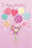 A whimsical birthday illustration rises from a soft pink background, as if the sky over Gerrards Cross has turned into a pastel celebration. At the centre, a playful cluster of balloons floats upwards, their ribbons seeming to gather into a fresh bouquet of flowers below. Each balloon has its own joyful style: some spin with candy-coloured stripes, others bounce with scattered polka dots, while a few feature dainty swirls and tiny star-like accents. The colours remain gentle and inviting, a mix of blush pink, sea green, buttery yellow, lavender, and teal that blend into a soothing, festive harmony. Anchoring the composition is a hand-tied bouquet at the base, filled with delicate roses and daisy-like blooms in ivory, soft blush, and muted mauve. The petals look velvety and full, as though they've just been arranged by an experienced florist at Flower Delivery Gerrards Cross for a birthday surprise. A neatly tied violet satin bow wraps around the stems, its sheen catching the same imagined light that glints off the balloons' smooth surfaces. The entire scene feels as airy as a spring morning walk past the gardens near West Common, with an almost tangible sense of gentle fragrance and quiet excitement. Tiny star shapes and fluttering details add a whisper of fairy-tale magic, making this design feel like a birthday wish captured in mid-air-bright, affectionate, and ready to delight whoever receives it.