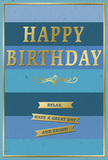 This birthday card presents a serene, layered blue design that feels as composed and welcoming as a stroll through central Gerrards Cross on a bright morning. The background is made up of broad horizontal stripes, each band a slightly different blue-from deep navy and rich ocean tones to gentler teal and sky shades toward the middle. These wide stripes stack like calm waves, giving the card depth and a restful rhythm. Centered on this soothing backdrop, the words HAPPY BIRTHDAY rise in large, embossed gold capitals. The metallic gold has a soft, brushed sheen, catching and reflecting light with each tilt, much like sunlight on the windows of local cafés around Packhorse Road. Beneath the main greeting, a graceful golden flourish curves delicately across the card, introducing a touch of traditional ornament to the otherwise clean, modern layout. Under this flourish, three slim gold banners are positioned in a tidy row. Each ribbon bears part of a warm, inviting wish: Relax, have a great day and enjoy! The banners are slightly raised, enhancing the tactile contrast between the smooth, matte blues and the shiny gold. A fine golden border frames the entire card, subtly drawing the eye inward and giving a neat, finished appearance. The overall impression is one of quiet celebration-elegant, calm, and personal. It is easy to imagine this card displayed beside a hand-tied bouquet delivered in Gerrards Cross, creating a thoughtful birthday moment that feels relaxed, generous, and gently uplifting.