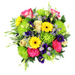 A lavish mixed bouquet is shown in full detail against a clean white background, so each vivid flower stands out as clearly as if it were being described over the phone by a florist in Gerrards Cross. Bold hot pink roses with delicate white-tipped outer petals form the main focal point, their velvety spirals layered and lush, suggesting affection and celebration. Around them, cheerful yellow gerbera daisies with dark chocolate-brown centres lift their rounded faces outward, bringing a sense of lightness and happy energy reminiscent of a sunny stroll through Gerrards Cross Common. Clustered at the heart and around the base, tightly packed lime green button chrysanthemums add a fun, cushiony texture and a fresh, zesty accent that contrasts beautifully with the larger blooms. Scattered among these are smaller clusters of lavender-blue, starry flowers and rich purple, cup-shaped lisianthus heads, which thread cooler notes through the warm palette, adding depth and a romantic whisper to the design. The bouquet is bordered by abundant greenery: some leaves broad and shiny, others fine and feathery, plus a few variegated leaves where creamy edges frame emerald centres. Slim green buds and arching shoots reach outward from the bouquet's rounded shape, giving it a natural, slightly untamed energy, while the bright, even lighting enhances every colour without harshness. The overall impression is one of joyful abundance and fresh-from-the-florist care, the kind of arrangement that would brighten a birthday breakfast in a Gerrards Cross townhouse or offer comforting colour to a friend recovering at home nearby, carried in with the promise of fresh fragrance and sincere thoughtfulness.