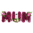A beautifully composed funeral flower arrangement spells out MUM in bold, three-dimensional letters, a style of tribute that would look at home at a quiet chapel of rest or church service in Gerrards Cross. Against a clean, white background, the letters appear to float, entirely covered in masses of small, deep pink and rich magenta flowers, likely spray chrysanthemums or similar blooms chosen for their longevity and even texture. Each tiny flower head presses closely against the next, creating a plush, continuous surface that almost resembles a floral tapestry, highlighted by the subtle lime-green centres that glimmer like delicate beads across the design. The outer edges of the frames are finished with a soft, ruffled ribbon in pale pink, its gently gathered folds tracing every curve of the M, U, and M, and lending a graceful, almost couture touch. On the outer top corner of each M, a tasteful spray of lighter pink roses and fresh greenery rests, the roses opening in layered spirals while fern fronds and leafy stems arc lightly outward, softening the strong lines of the letters. At the base of the central U, a smaller yet heartfelt cluster of blush roses, creamy white blossoms, and greenery sits like a tiny bouquet, adding a tender focal point within the word itself. The overall mood is one of quiet strength and enduring affection, the composition conveying love, remembrance, and gratitude for a mother's care. It is the sort of carefully considered floral tribute local florists might prepare for same-day delivery to services and memorial gatherings throughout Gerrards Cross and the surrounding Chilterns area.