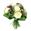 Captured against a bright white background, this lush mixed bouquet showcases the quiet drama of white, purple, and green arranged with meticulous care. At its centre, several large white roses open fully, their creamy petals layered in soft spirals that invite the imagination to trace each curve. Between these timeless blooms, opulent purple alstroemeria provide contrast and depth; some flowers are wide open to display their streaked interiors, while others remain as tapered buds, promising to unfurl over the coming days. Wispy stems of white baby's breath weave throughout, sprinkling the bouquet with tiny star-like blossoms that give it an airy, cloudlike lightness. Adding further interest, you can see small, spiky filler flowers, perhaps Astrantia or thistle-inspired varieties, their green and pale-toned tips bringing a subtle hint of the wild to the polished design. All of the flower heads are embraced by a wide band of glossy, dark green leaves, expertly folded and wrapped into a smooth collar that both supports and frames the blooms. Below, the straight green stems are neatly trimmed and tightly bound with a delicate green ribbon, suggesting the steady hand of a skilled florist working just off the high street in Gerrards Cross. The lighting is clean and even, emphasising the freshness of the petals and the richness of the foliage. The bouquet conveys serenity and modern elegance, suitable for a refined wedding, a sympathy tribute delivered near the Chiltern Line station, or a meaningful thank-you that feels both contemporary and timeless.