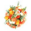 Captured from directly above on a spotless white background, this bouquet appears as a lush, circular burst of warm colour, reminiscent of afternoon light spilling into a Gerrards Cross kitchen. At its core, sumptuous roses in shades of burnished gold, soft yellow, and bright tangerine spiral open, their petals layered densely to create a sense of depth and richness. Surrounding them, frilled carnations in peach and vivid orange introduce a soft, tactile texture, their petal edges gently rippling like fabric in a breeze. Gerbera daisies punctuate the design with their broad, daisy-like faces, offering tones of pale peach and light orange, some with subtle pink centres that add a charming, almost playful note. Sprinkled among the larger blooms are small clusters of white and pale green filler flowers, delicate and airy, which bring contrast and a sense of movement to the design. The greenery is thoughtfully woven throughout: rounded eucalyptus leaves in a silvery-green hue sit alongside deeper green foliage, offering cool tones that balance the bouquet's overall warmth and hint at a refreshing, slightly citrusy fragrance. The even lighting ensures that each flower and leaf is clearly defined, with no harsh shadows, allowing the colours to glow vividly against the plain white surface. The arrangement feels joyful and generous, as though created to celebrate a birthday gathering off Orchehill Avenue, a heartfelt thank-you to a local friend, or simply to bring brightness into a living room near the village centre. It reflects the practiced hand of a skilled florist, where every stem contributes to a feeling of abundance, warmth, and quiet celebration.