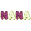 A cosy, handcrafted tribute spells out the word NANA in soft, three-dimensional letters set against a pristine white backdrop; unlike a floral piece, each character here is rendered in tactile textile, evoking the warmth of a favourite blanket or knitted jumper. The first 'N' is a plush, deep plum or magenta knit with a gently tufted surface, rounded and inviting to the touch; its colour reads rich and comforting, the kind of hue that catches the late-afternoon light in a sitting room. The following 'A' alternates to a pale creamy ivory with the faintest hint of buttercup, its fabric slightly puckered to suggest hand-stitched detail and a quiet, domestic charm. The pattern repeats-another plump purple 'N' and a final soft-cream 'A'-creating a soothing visual rhythm that speaks of memory, familiarity and maternal care. Each letter is edged with a bright lime-green trim, either satin ribbon or closely pleated felt, that outlines the shapes with a fresh, uplifting accent and adds a precise, finished look. The overall composition sits flat but dimensional, its shadows subtle on the white ground, as if displayed on a mantel or photographed for a keepsake catalogue. This tactile version of NANA is perfect for stories about personalised gifts, memory cushions, nursery decor, or textile art celebrating grandmothers in Gerrards Cross and surrounding villages like Chalfont St Peter and Fulmer. It conveys a quiet intimacy-soft textures, gentle colours and handcrafted skill-that comforts and invites touch, a small, heartfelt homage to a beloved grandmother or maternal figure.