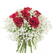 Gently cradled in a hand-tied pose, this bouquet is the picture of romantic elegance with a touch of Gerrards Cross charm. At its heart bloom six lush, velvety red roses-each petal softly illuminated, spiralling open in a display of richness and depth. Encircling them, airy clusters of delicate white baby's breath lend the arrangement a cloud-like softness, much like morning mist drifting across Gerrards Cross Common. The fresh green stems peek neatly from below, their alignment a testament to expert florist craftsmanship and an eye for balance. The polished simplicity of the setting-a clean white background-amplifies the vivid blues and snow-whites, letting every textured petal and tiny blossom stand distinct. This bouquet's subtle, sweet fragrance, combined with its harmonious colour palette, conjures feelings of affection and sincerity-an ideal expression for anniversaries, birthdays, or heartfelt surprises that echo through the lanes of Dukes Wood and Packhorse Road. Each carefully arranged detail breathes life into the arrangement, echoing the community's commitment to tradition and celebration, and promising a memorable, heartfelt floral gesture across Gerrards Cross.