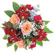 This bouquet captures the vibrant charm of Gerrards Cross, bursting with colour and texture arranged as if fresh from a local market stall. The creamy blush of peach roses draws the eye, each petal unfurling in elegant spirals that impart a gentle, romantic air. Around them, dense clusters of burgundy chrysanthemums bring intensity and energy, their vivid hues accented by sparkling greenish-yellow centres. Delicate sprays of white baby's breath float throughout, softening the deeper tones and diffusing the light much like early morning sunshine filtering through trees at Gerrards Cross Green. Smooth, glossy leaves provide structure and depth, encircling each bloom like a protective embrace, while silver-green eucalyptus sprigs add a touch of contemporary sophistication. On one edge, a striking reddish-brown, spiked bud gives a nod to the exotic, creating visual intrigue and a unique, sculptural silhouette. Every element works in harmony to convey abundance, optimism, and warmth-the bouquet feels equally suited to congratulatory occasions, birthdays, or simply brightening a loved one's home in the heart of Gerrards Cross. The mingling scents-rosy sweetness, fresh greenery, and subtle herbal notes-combine to invite the senses on a journey, a celebration crafted by expert local hands.