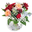 This sophisticated bouquet, lovingly arranged in Gerrards Cross, is an ode to both elegance and heartfelt celebration. At its heart, two peach-apricot roses unfurl in graceful spirals, their creamy blush hues illuminated by natural light, reminiscent of the first warm rays over East Common in springtime. These gentle blooms are nestled alongside a smaller, deep red rose and a cluster of plush, dark burgundy chrysanthemums, their velvety petals providing a lush, dramatic canvas that feels as inviting as a fireside gathering on Oak End Way. Wisps of soft white gypsophila weave throughout-delicate and cloudlike, bringing a sense of serenity and gentle movement. Glossy green leaves and iconic silver eucalyptus sprigs frame the composition, their fresh, herbal fragrance adding a lively twist, while a unique touch of plum-colored, succulent-like foliage echoes the natural beauty of South Bucks woodlands. Cradled within a clear, rounded glass vase, each stem is thoughtfully displayed, with glistening water enhancing the bouquet's vibrancy and longevity. Designed to be the focal point for moments of gratitude, joyful milestones, or simply to lift the spirits of friends and family in Gerrards Cross, this arrangement radiates warmth, artistry, and local pride-capturing the heart of a close-knit community.