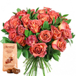 Meticulously arranged for the Gerrards Cross community, this radiant gift set pairs the artistry of fresh floristry with the indulgence of gourmet chocolate. The central bouquet bursts with energy: about two dozen roses, tightly clustered, transition from intense coral and sunset-orange at their centers to delicate pastel peach and creamy blush at the outermost petals, each bloom at its own stage of unfurling. Lush, dark green foliage-possibly eucalyptus or salal, echoing walks through Gerrards Cross parks-surrounds the roses, enhancing their vivid colours and contributing to the bouquet's lush, hand-tied aesthetic. Neatly gathered stems hint at expert local craftsmanship. In the left foreground, a light beige pouch of Thorntons Orange Crisp chocolates stands out, its elegant packaging and clear branding inviting you to sample the delicious truffles illustrated below. In front of the packet, two individual milk chocolate truffles rest, glossy and round, suggesting a bite of citrus-infused decadence. This harmonious combination of fresh floral beauty and gourmet treats feels perfect for birthdays, romantic surprises, or anniversaries spent together in Gerrards Cross, capturing both classic elegance and a touch of local warmth, all highlighted by the pure white background for striking contrast.