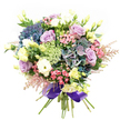 Overflowing with lush colours and intricate textures, this stunning floral bouquet conjures the spirit of Gerrards Cross in full bloom, as seen through the hands of a local artisan florist. Indigo and muted purple hydrangeas form a soft, cloudlike core, their petals closely layered for a plush, tactile effect. Nestled among them, pale lilac roses and creamy white ranunculus unfurl tastefully, inviting a sense of serene romance and joyful abundance. Scattered within are slender stems of pale yellow lisianthus, some still in bud, their pale tones catching ambient light like early morning sunshine across the Common. Playful sprays of fuchsia-pink filler blooms and delicate, feathery astilbe in petal pink fringe the outer contours, offering a whimsical, dancing movement that echoes the gentle breeze along Packhorse Road. Airy light green and white filler florals interlace the bouquet, bringing a countryside charm reminiscent of summer walks around Gerrards Cross. The bouquet's dense yet graceful gathering is brought together at the base with a wide, silky royal purple satin ribbon, adding a final flourish of sophistication and tying the palette together flawlessly. Every element speaks of meticulous care, sensory delight, and local pride, making this bouquet perfect for lifting spirits, celebrating milestones, or announcing love and appreciation within the cherished community of Gerrards Cross.