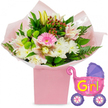 A joyful new baby girl gift display is set against a clean white background, creating a bright, uplifting scene that would feel at home in a cosy Gerrards Cross living room. At the centre is a lush bouquet of fresh flowers, expertly arranged in a neat, light pink square gift box that continues the soft pastel theme. The stems are snugly wrapped in ballet-pink tissue paper and clear cellophane, which gathers and folds gently around them like a delicate nest. In the middle of the bouquet, a single bright pink gerbera daisy takes pride of place, its wide, cheerful bloom surrounded by clusters of pure white chrysanthemums and graceful pale pink and white-speckled alstroemeria. Just above, a creamy yellow lily bud stands poised, hinting at the blossoms still to come, much like the milestones ahead for a newborn. Sprinkled throughout the arrangement are small lime-green button-style flowers that lend a playful, modern twist, while bunches of deep red hypericum berries are tucked between glossy dark green leaves and airy fern fronds, adding depth and contrast. The flowers look freshly prepared, as if they have just left a local studio in Gerrards Cross ready for same-day delivery to excited new parents. To the right of the bouquet, a metallic foil balloon shaped like a baby stroller floats lightly, shining in hot pink with a purple hood and purple wheels finished with multicoloured spokes. Across the side, the phrase It's a Girl! appears in bold yellow and green letters, with tiny heart details enhancing the celebratory feel. The entire composition conveys warmth, love and new beginnings, perfect for a baby shower, hospital visit or first day home with a baby girl.