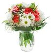 Bright and inviting, this bouquet pulses with the gentle energy so familiar in Gerrards Cross's peaceful streets. At its heart, soft coral-pink carnations spread their ruffled petals in joyous fullness, framed by crisp white chrysanthemums and sweet white daisies whose centres glow a fresh greenish yellow. Tiny, cloudlike clusters of baby's breath lace the spaces between, lending softness and a light, graceful air. On one side, slender, closed magenta alstroemeria buds suggest stories still unfolding, inviting curiosity as they wait to bloom. The design is embraced by glossy, broad green leaves, shining and fresh, providing structure and amplifying the vibrant colours of the blooms. Stems are seen clearly through the vase's sparkling water, a reminder of both careful curation and the enduring freshness of local florist craftsmanship. Bathed in natural, even light and set against a pure white backdrop, each detail stands out-the varied textures and nuanced hues recalling the beauty of local gardens and common spaces. Whether intended for a thoughtful thank you or a moment of comfort in Gerrards Cross, this arrangement radiates positive warmth, sure to bring a touch of local joy into any home.