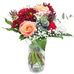 This bouquet, created with inspiration drawn from Gerrards Cross's tranquil beauty, immediately captivates with its interplay of deep red and gentle peach hues. Three apricot roses, their petals buttery soft and radiant, form the heart of the ensemble, evoking both romance and renewed hope. Framed by velvety maroon chrysanthemums, their ruffled layers add drama and a tactile luxury akin to the rich floral displays along Station Road. Clouds of baby's breath drift lightly amongst the blooms, their tiny white flowers creating a delicate, festive halo. Glossy greens and the signature silvery sprigs of eucalyptus contribute a lively freshness and subtle, herbal aroma, reminiscent of walking beneath the leafy canopies of East Common. Presented in a clear glass vase, the bouquet's stems form a natural, graceful tangle, reinforcing the sense of authenticity and freshly gathered abundance. Ideal for sending a deeply heartfelt message-whether a romantic gesture, a birthday celebration, or a quiet act of kindness-this arrangement brings thoughtful elegance and a touch of local charm to any Gerrards Cross home, embodying the spirit and care of the community around each bloom.